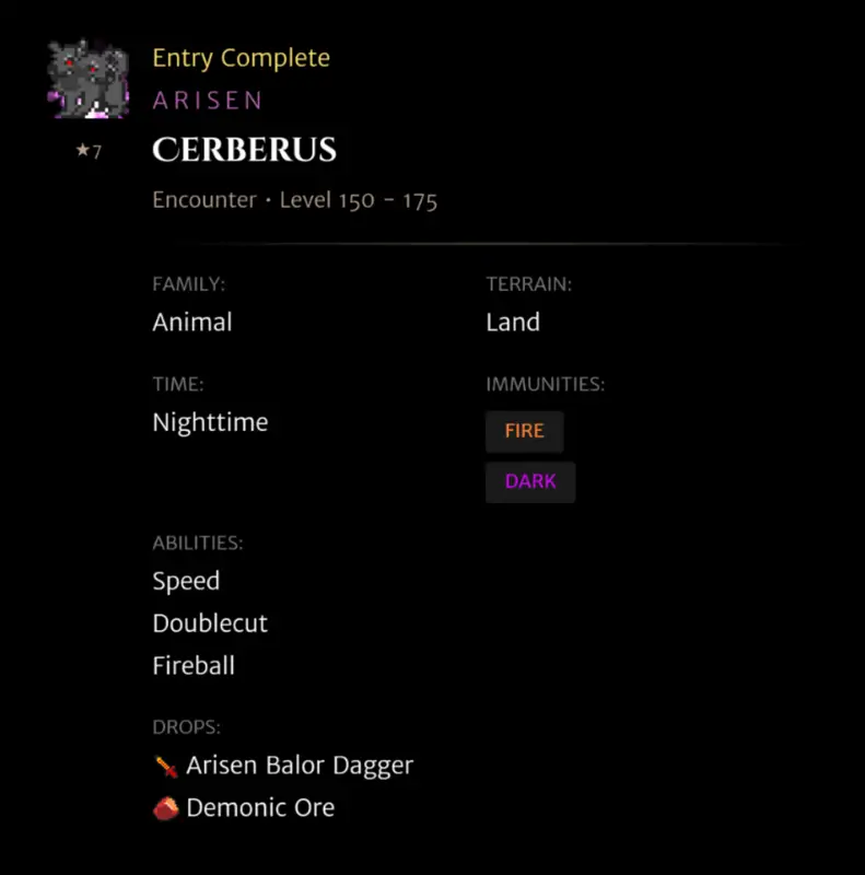 Arisen Cerberus codex entry