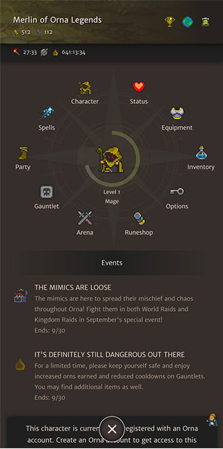 The main menu or character menu screen in OrnaRPG