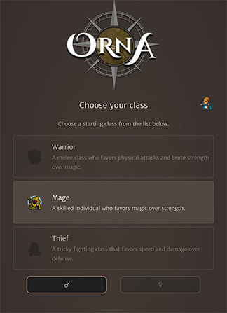 character selection screen when first starting Orna