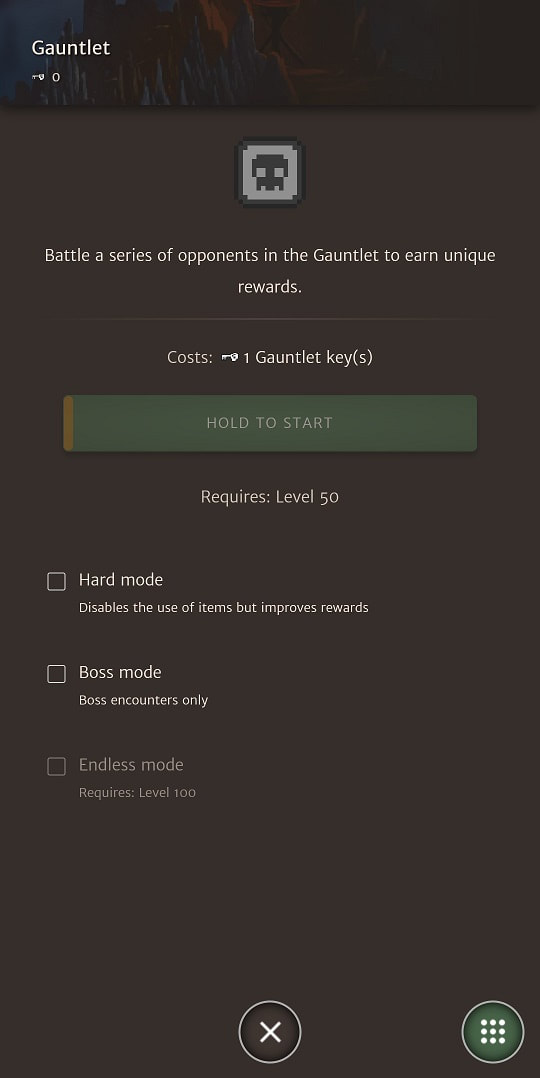 Options showing what gauntlet mode you want to run
