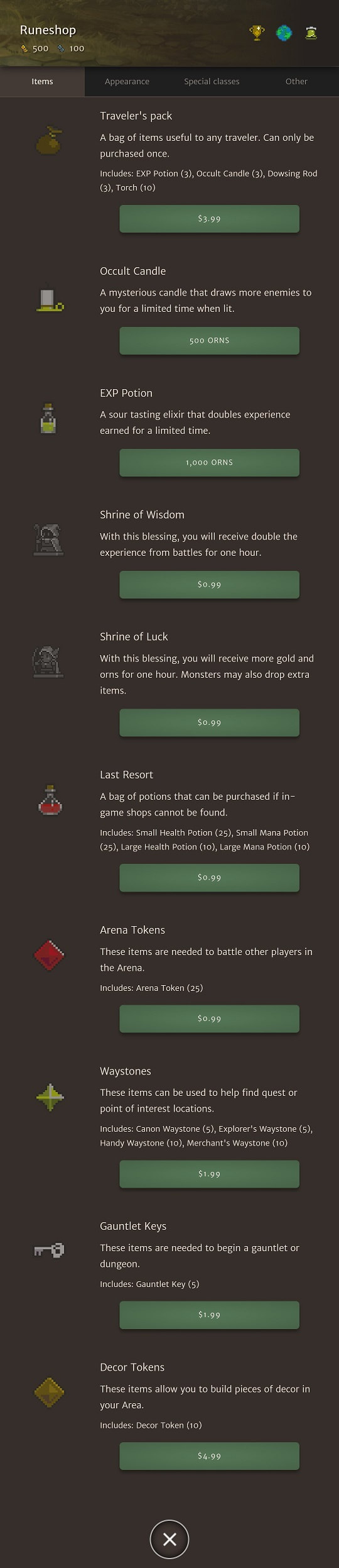 List of items available for purchase in the Orna Runeshop